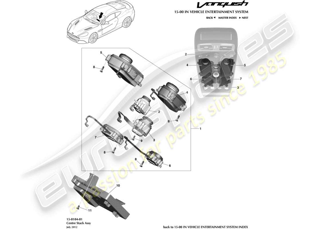 aston martin vanquish (2015) teilediagramm für infotainment-bedienelemente