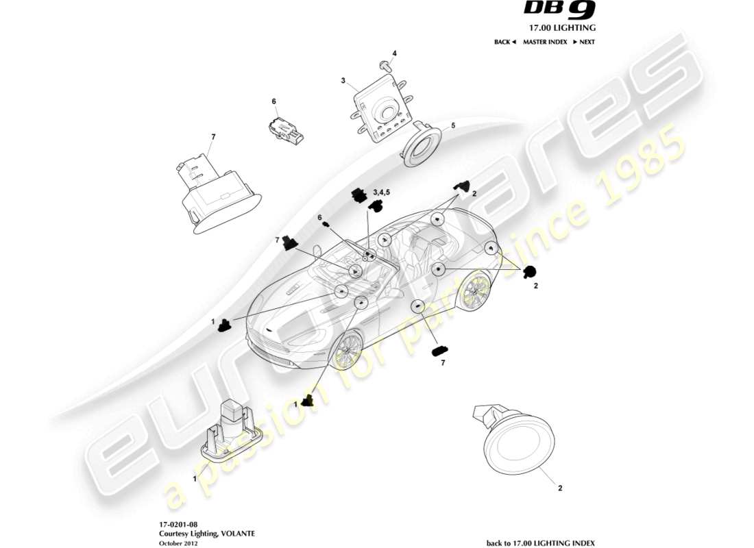 aston martin db9 (2013) innenbeleuchtung, volante-teilediagramm
