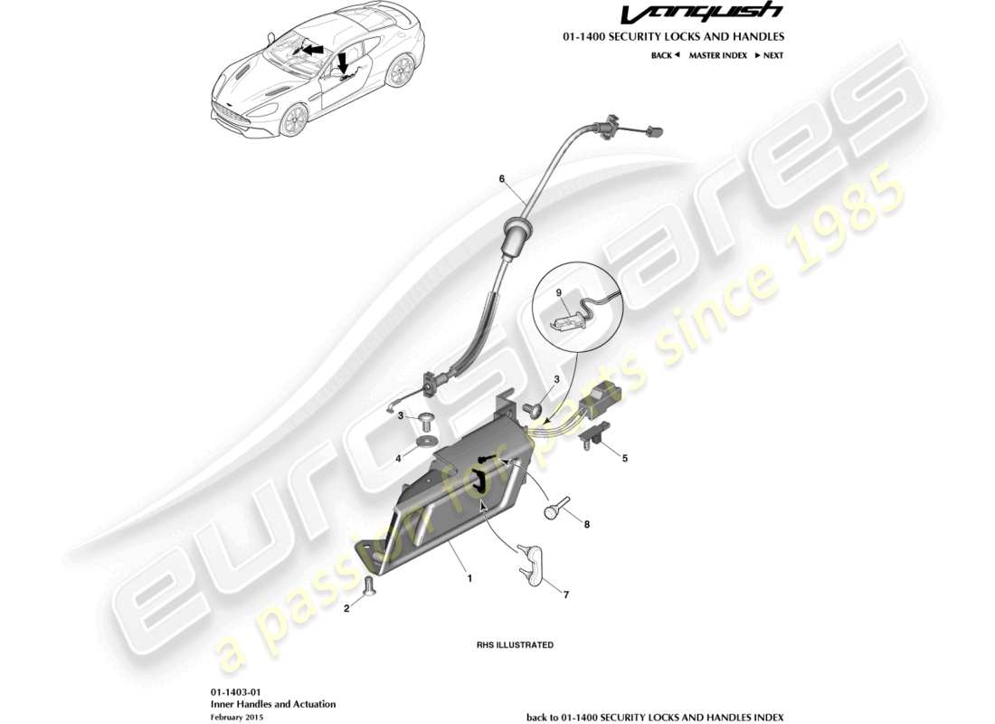 aston martin vanquish (2015) teilediagramm für innengriffe und betätigung