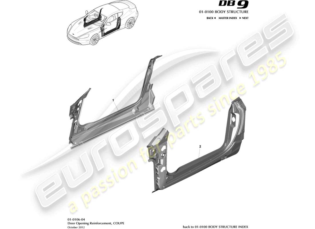 aston martin db9 (2013) türöffnungsrahmen, coupé-ersatzteildiagramm