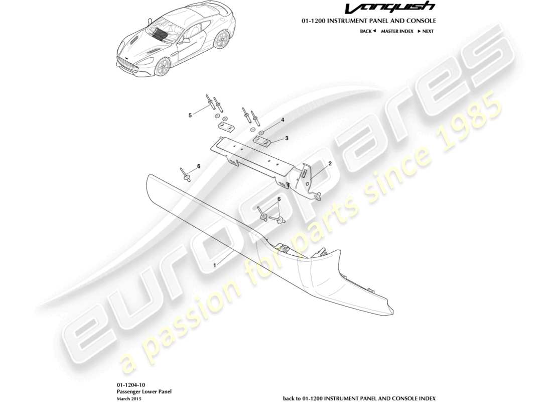 aston martin vanquish (2015) teilediagramm für unteres beifahrer-bedienfeld