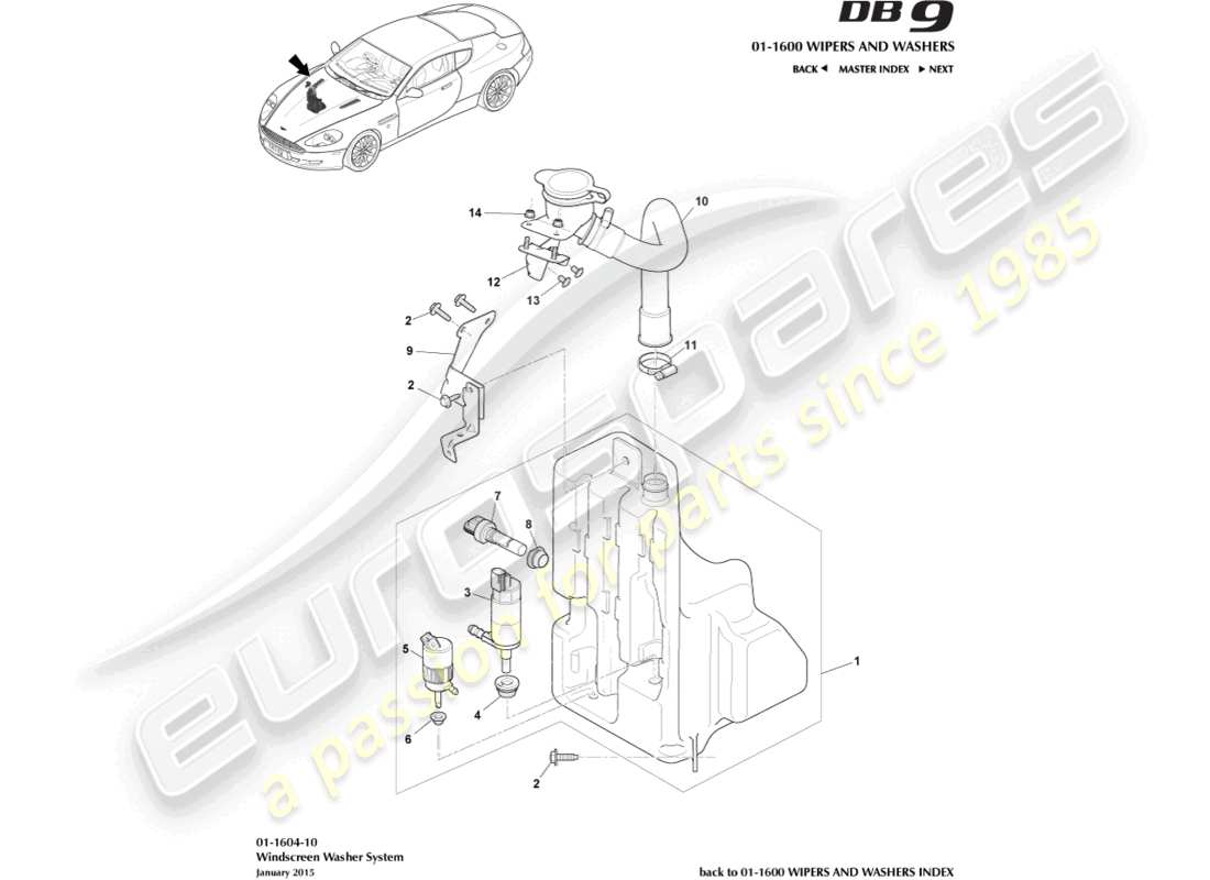 aston martin db9 (2009) teilediagramm für scheibe