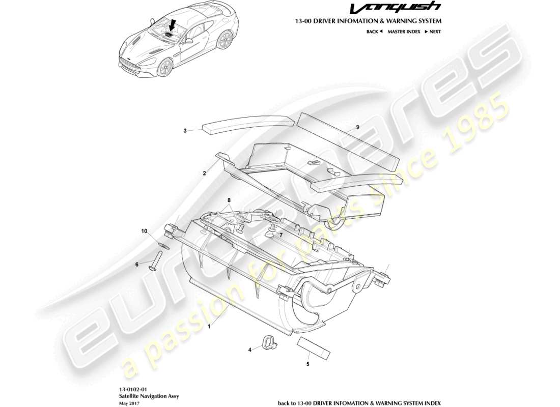 aston martin vanquish (2015) teilediagramm der satellitennavigationsbaugruppe