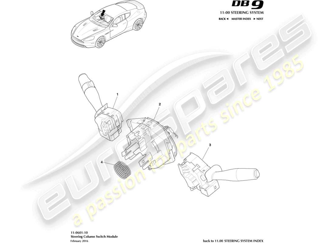 aston martin db9 (2014) teilediagramm der lenksäulenschalterbaugruppe