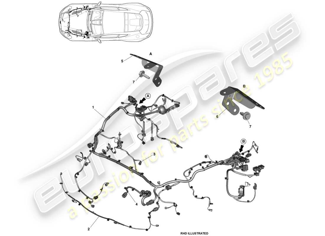 aston martin vanquish (2014) teilediagramm für kabelbaum vorne und im motorraum