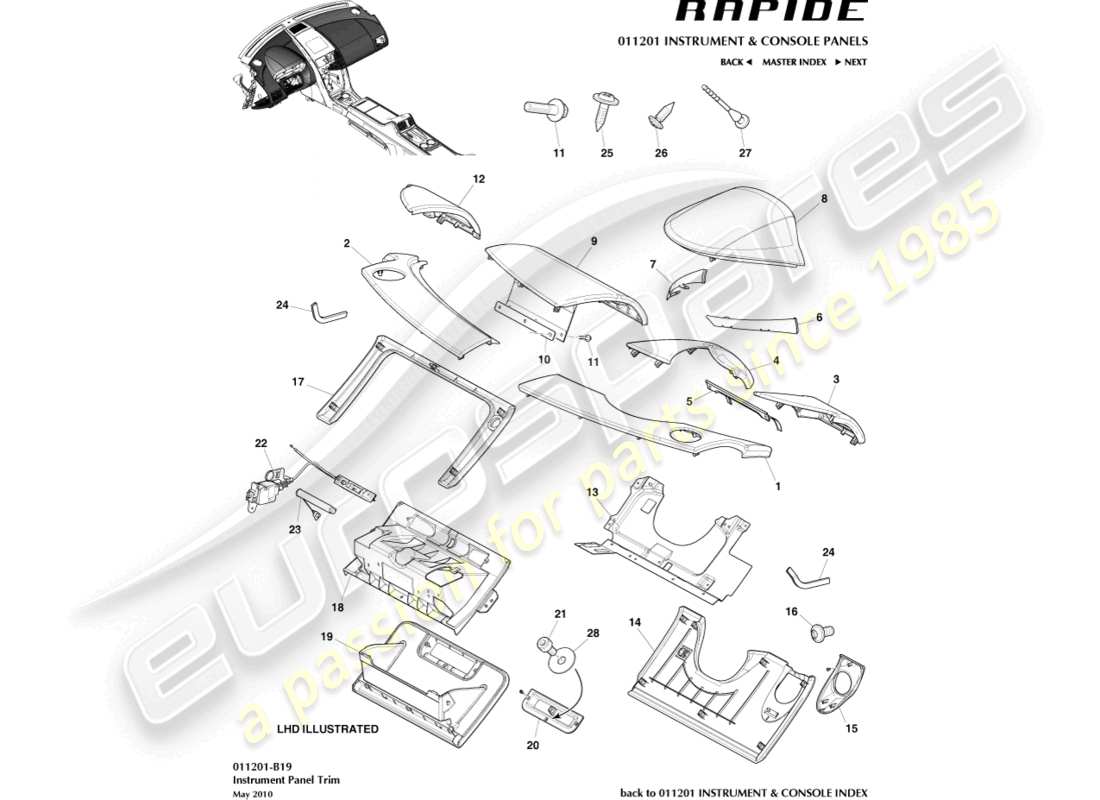 aston martin rapide (2011) teilediagramm für ip-beschnittene platten