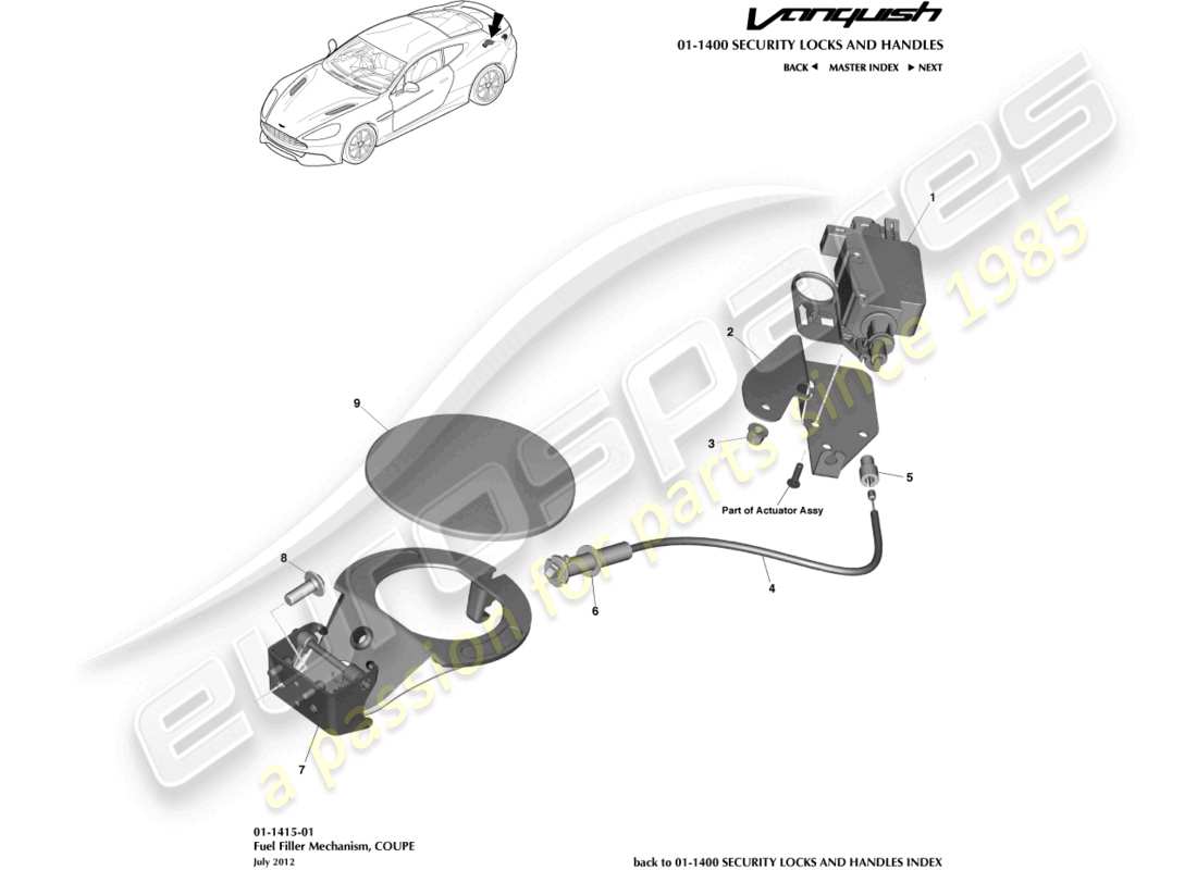 aston martin vanquish (2017) kraftstoffeinfüllmechanismus, coupé-teilediagramm