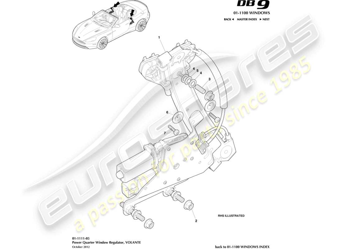 aston martin db9 (2016) fensterheber für hinteres seitenfenster, volante-ersatzteildiagramm