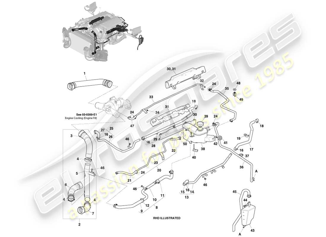 aston martin vanquish (2013) teilediagramm für kühlmittelbehälter und schläuche