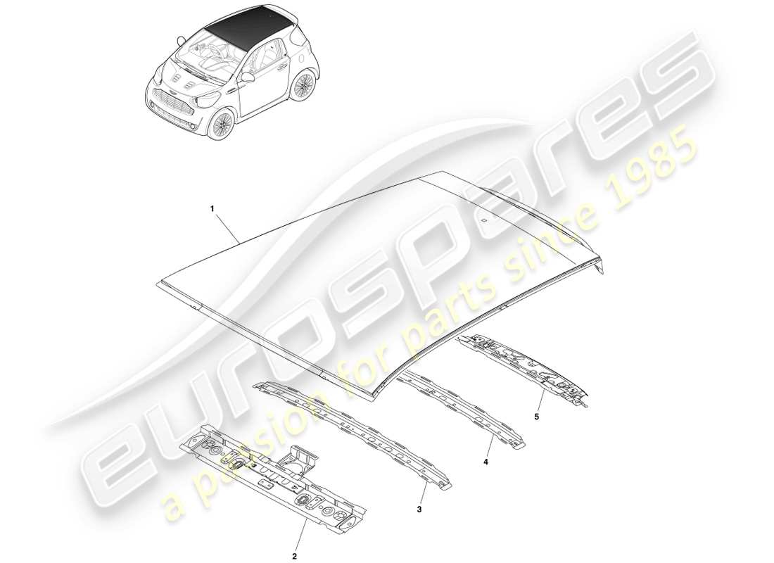 aston martin cygnet (2012) teilediagramm für dach und querträger