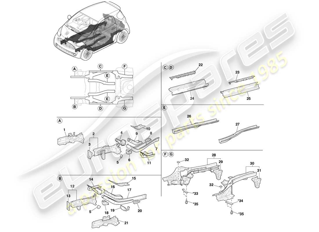 aston martin cygnet (2012) teilediagramm für seitliche bodenelemente