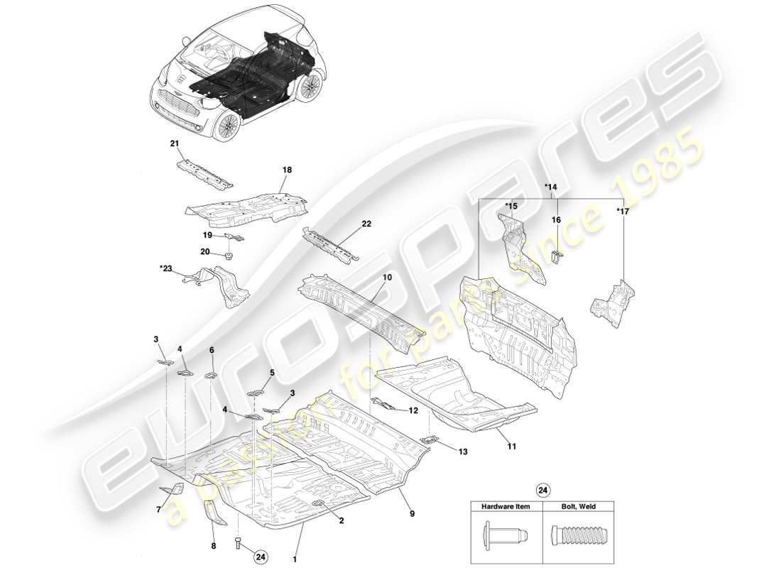 aston martin cygnet (2012) teilediagramm für bodenblech und untere rückwand