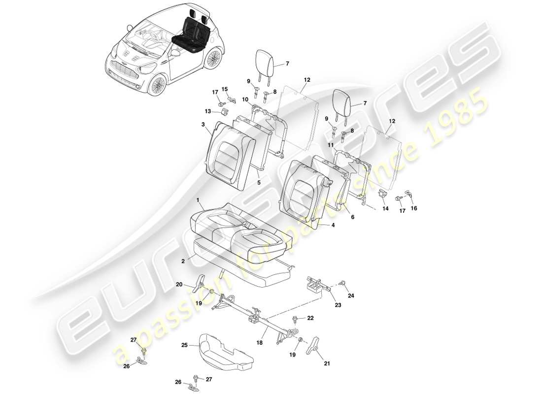 aston martin cygnet (2012) teilediagramm für die sitze der zweiten reihe