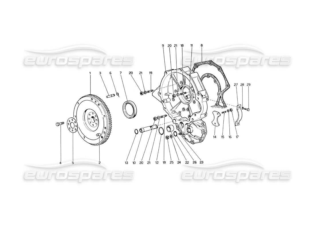 ferrari 246 dino (1975) teilediagramm für schwungrad und zwischengetriebegehäuse