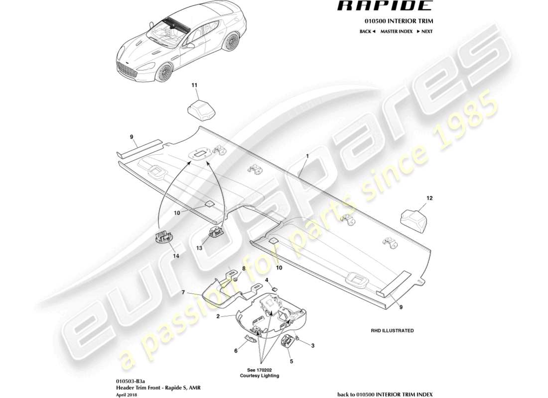 aston martin rapide (2010) frontverzierung für dachhimmel, s-teilediagramm