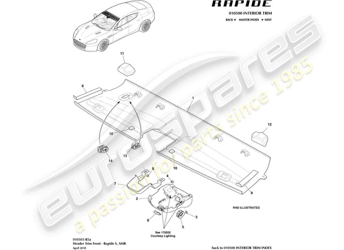 aston martin rapide (2011) frontverzierung für dachhimmel, s-teilediagramm