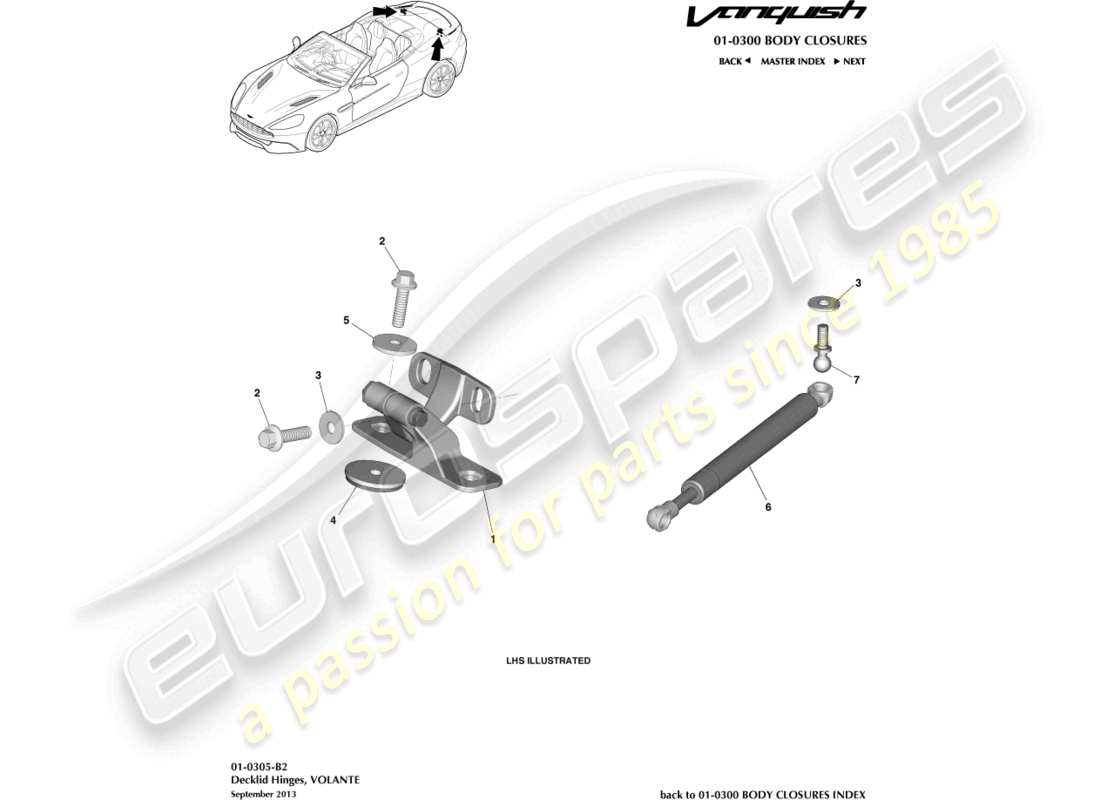 aston martin vanquish (2017) heckklappenscharniere, volante-teilediagramm