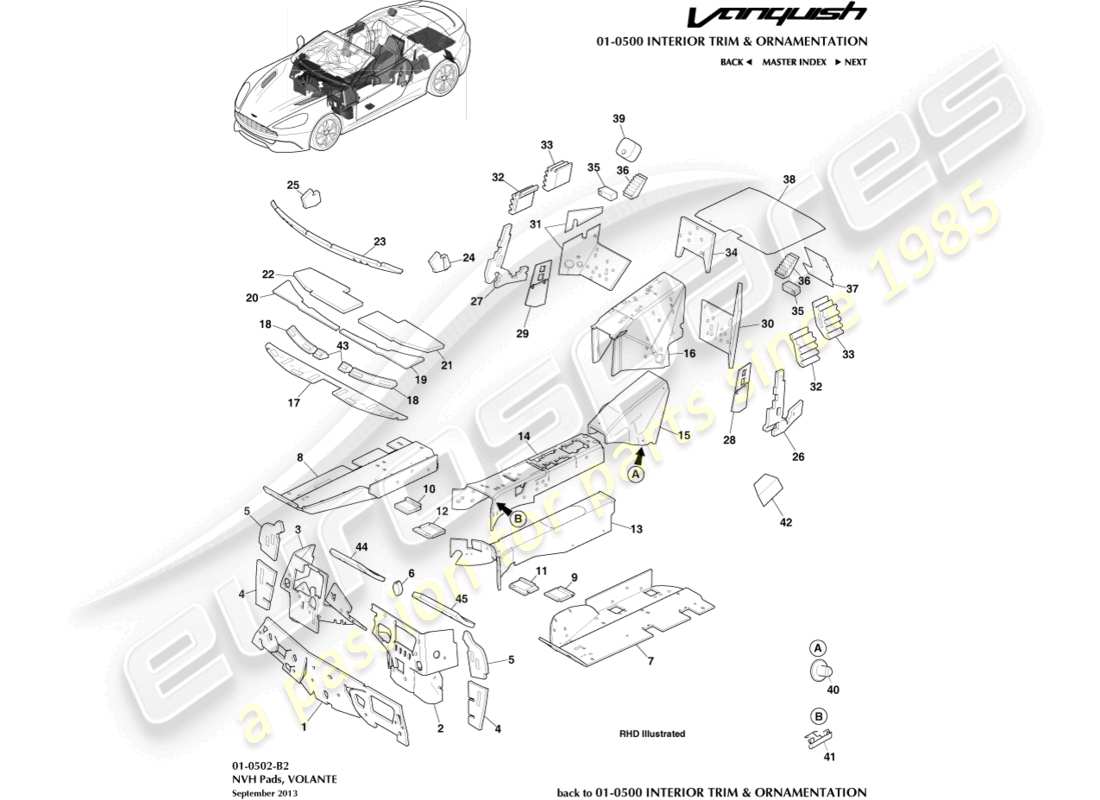 aston martin vanquish (2015) nvh-beläge, volante-ersatzteildiagramm
