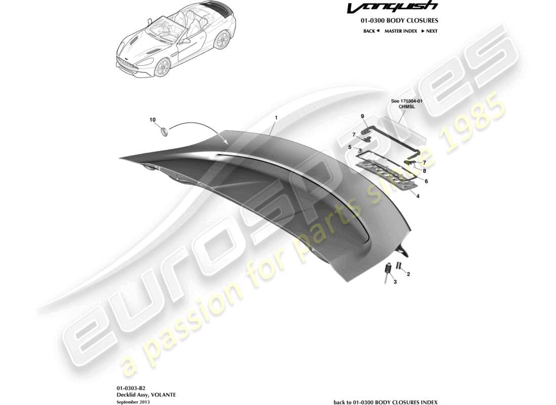 aston martin vanquish (2015) kofferraumdeckelbaugruppe, volante-ersatzteildiagramm