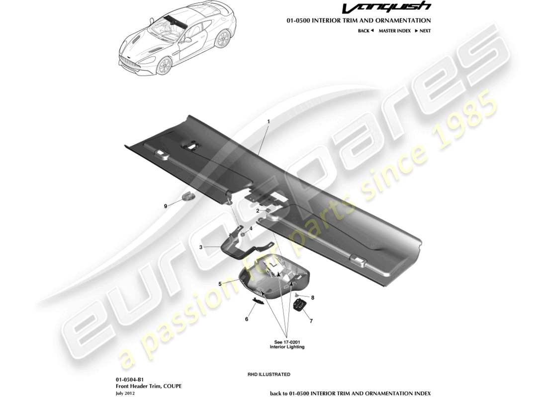 aston martin vanquish (2015) frontverzierung für dachhimmel, coupé-teilediagramm