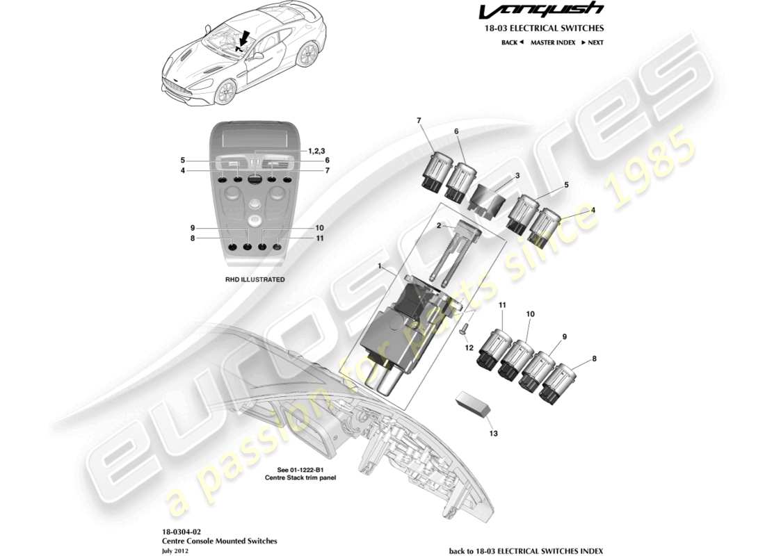aston martin vanquish (2018) mittelkonsolenschalter teilediagramm