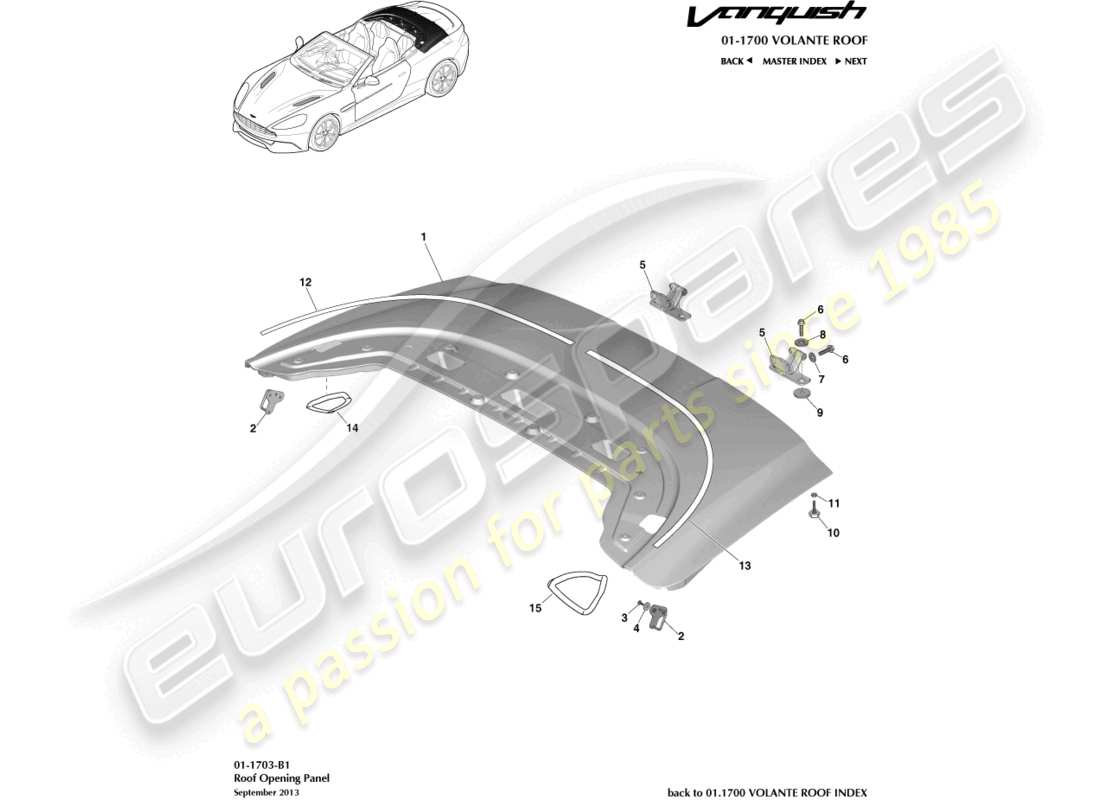 aston martin vanquish (2015) teilediagramm für dachöffnungsplatten