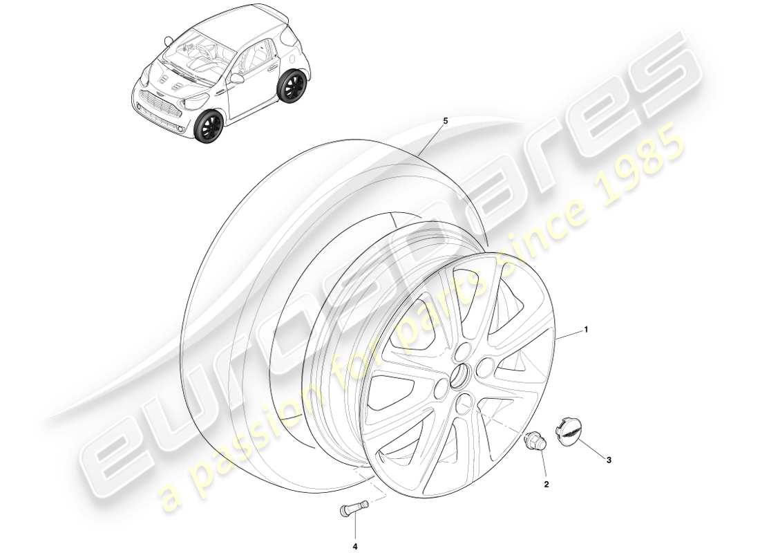 aston martin cygnet (2012) teilediagramm für rad- und reifenbaugruppe
