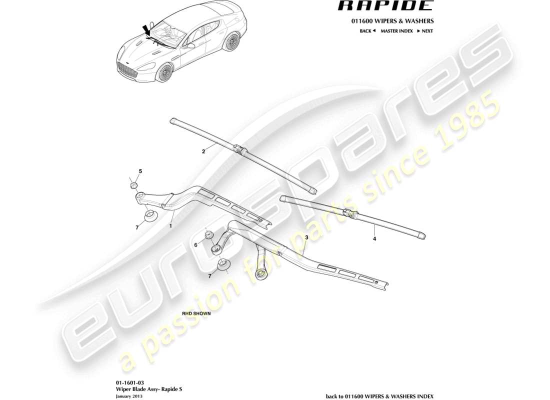 aston martin rapide (2011) wischerblattbaugruppe, s-teilediagramm