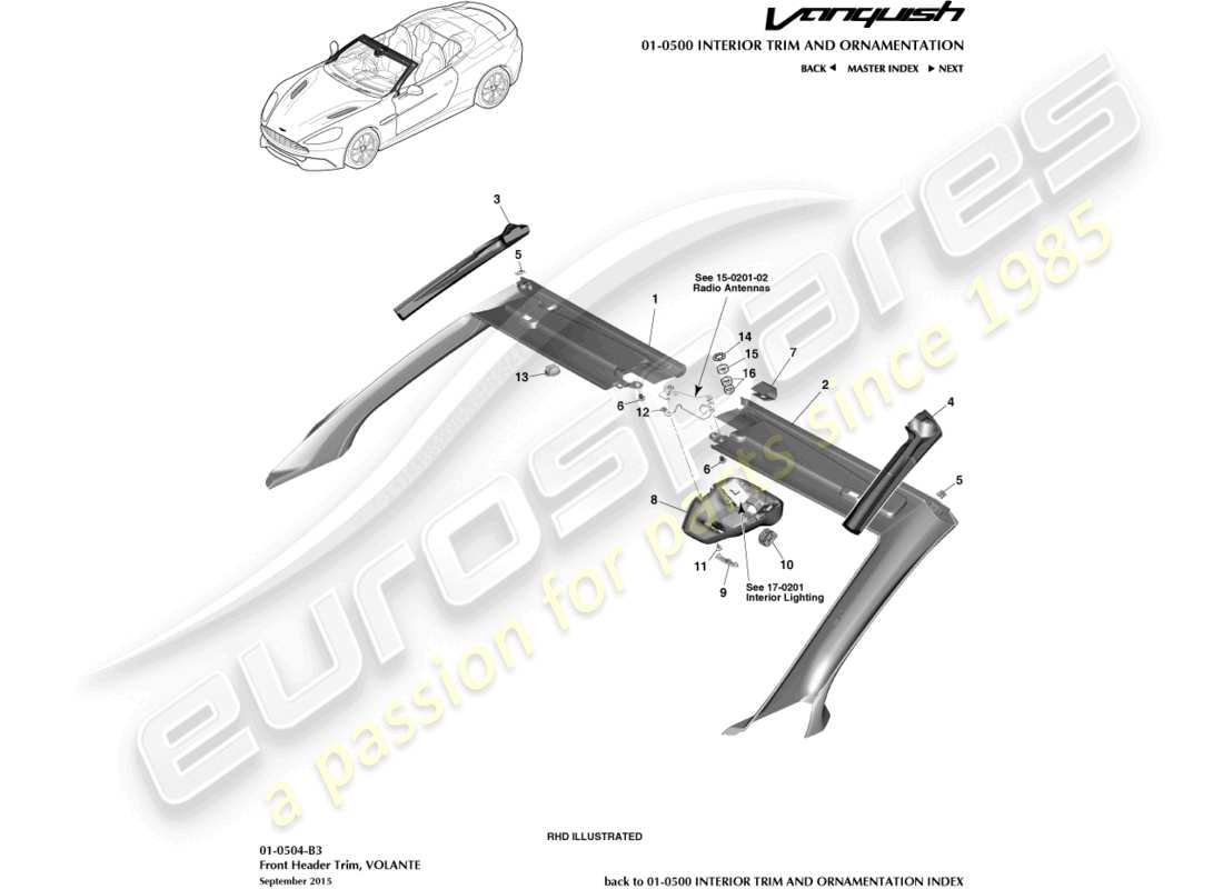 aston martin vanquish (2015) frontkopfverkleidung, volante-ersatzteildiagramm