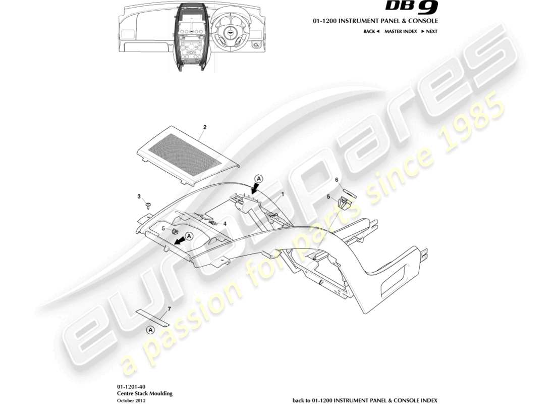 aston martin db9 (2017) teilediagramm für die mittelkonsolenform