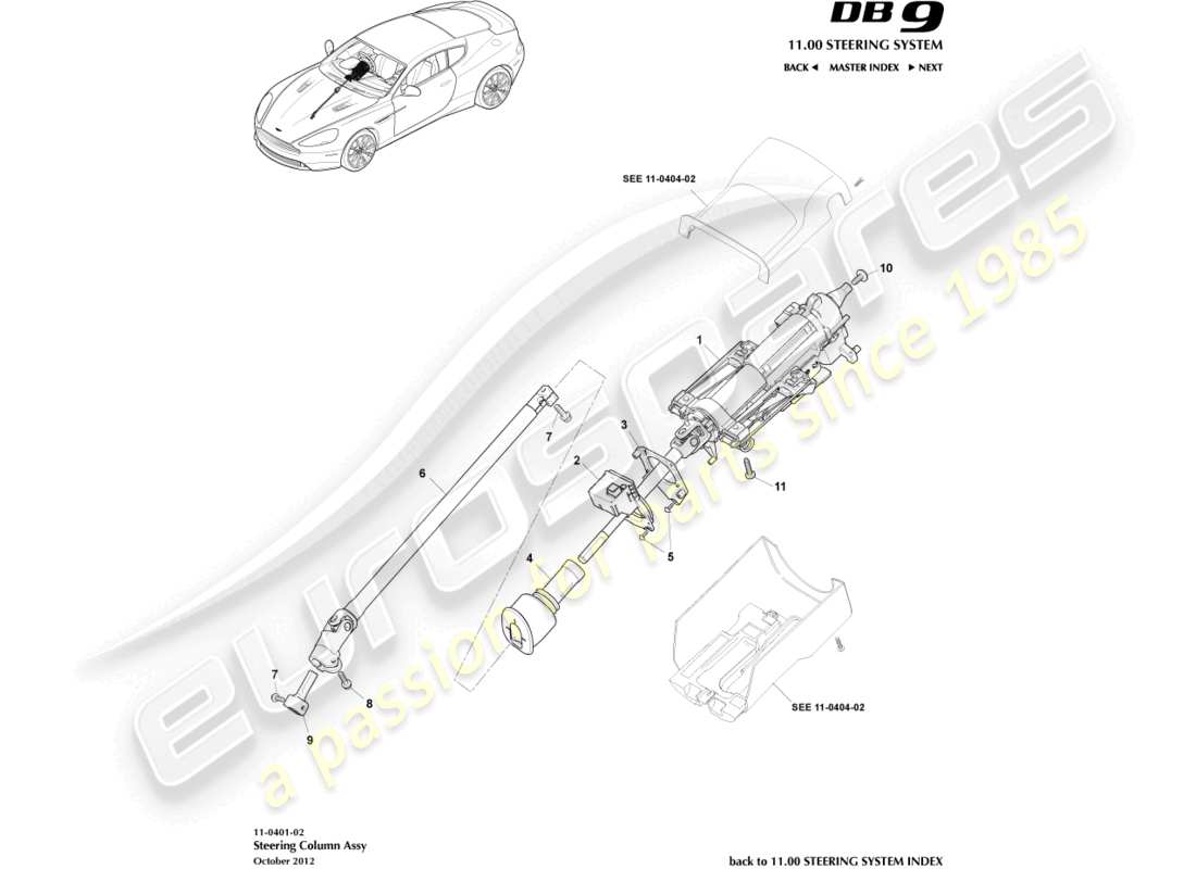 aston martin db9 (2017) teilediagramm der lenksäulenbaugruppe