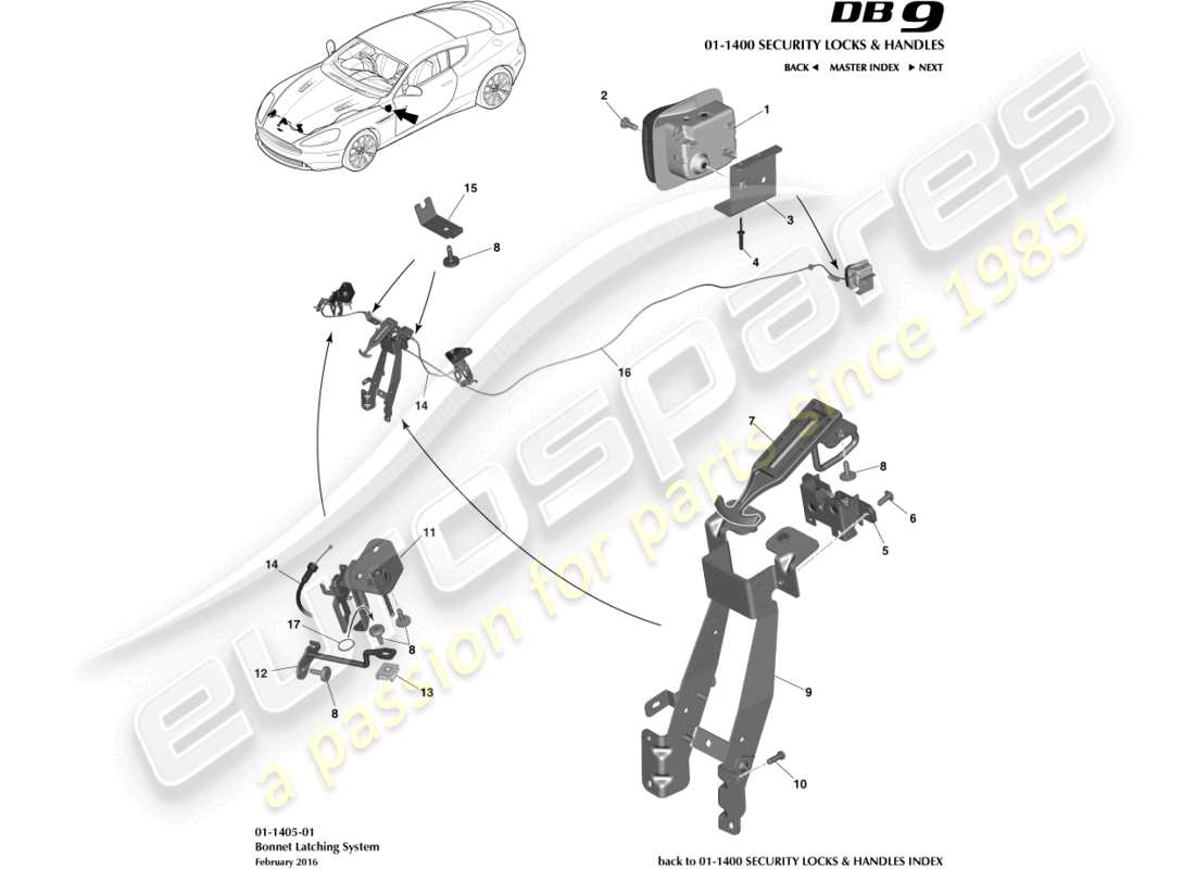aston martin db9 (2014) teilediagramm für motorhaubenverriegelung und -betätigung