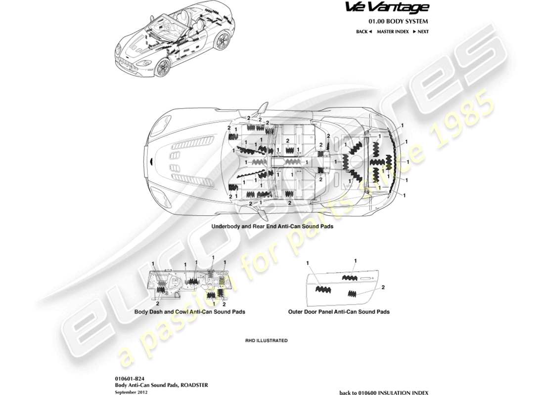 aston martin v12 vantage (2010) anti-can-sound-pads, roadster-ersatzteildiagramm