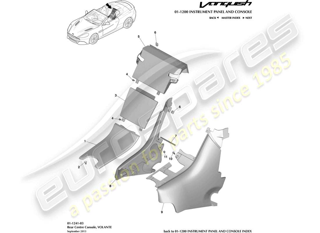 aston martin vanquish (2017) heckkonsole, volante-ersatzteildiagramm