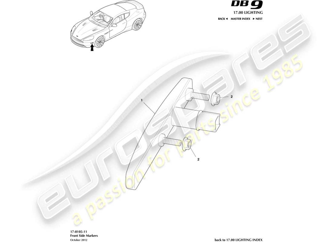 aston martin db9 (2017) teilediagramm für vordere seitenmarkierungen