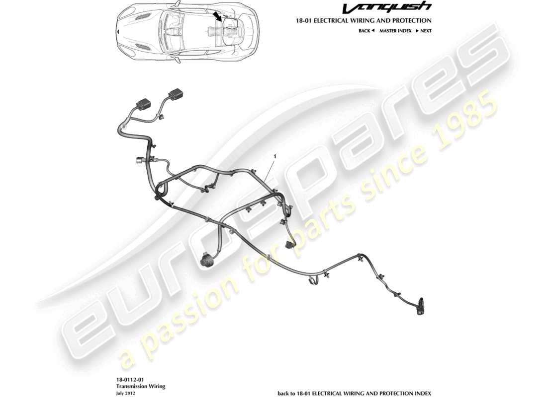aston martin vanquish (2015) teilediagramm für den getriebekabelbaum