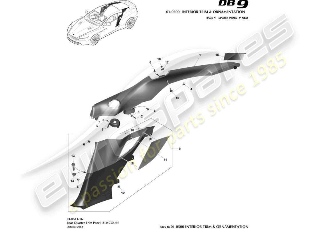 aston martin db9 (2015) hintere seitenverkleidung, 2+0 coupé-teilediagramm