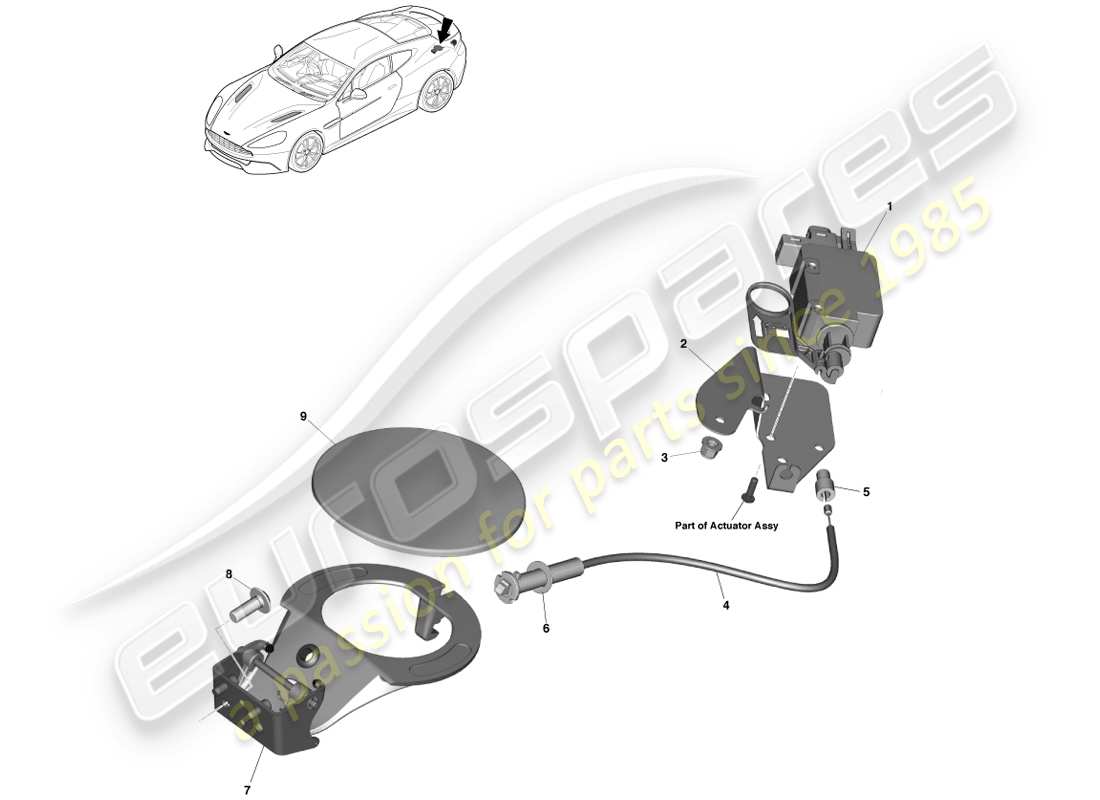 aston martin vanquish (2014) kraftstoffeinfüllmechanismus, coupé-teilediagramm