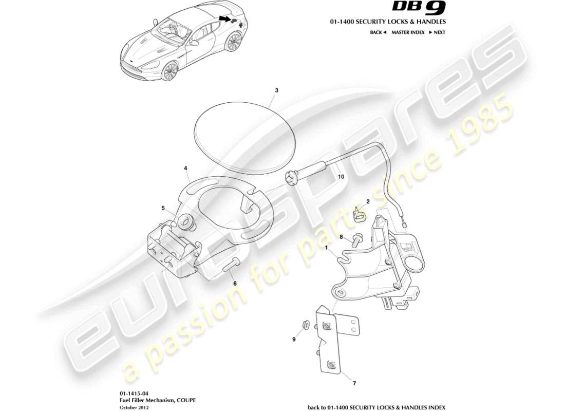 aston martin db9 (2016) kraftstoffeinfüllmechanismus, coupé-teilediagramm