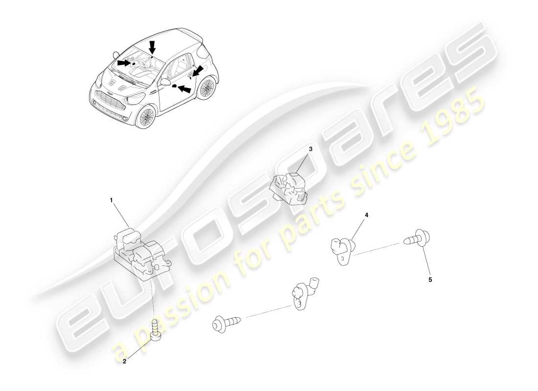aston martin cygnet (2012) teilediagramm für türschalter und relais