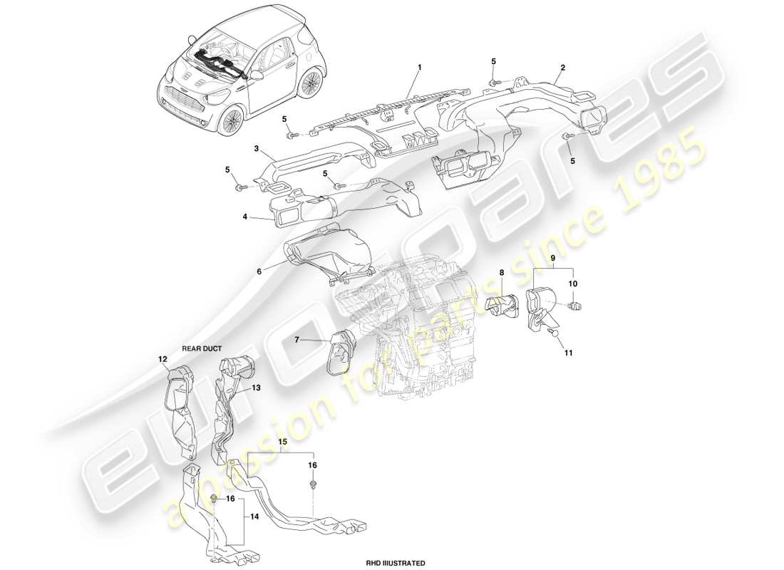 aston martin cygnet (2012) teilediagramm für luftverteilungskanäle