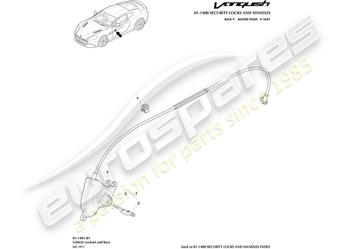 aston martin vanquish (2015) teilediagramm für griff- und schlossmechanismen