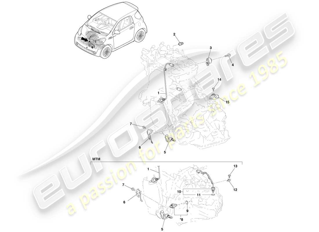 aston martin cygnet (2012) schalter und relais, motor- und getriebeteildiagramm
