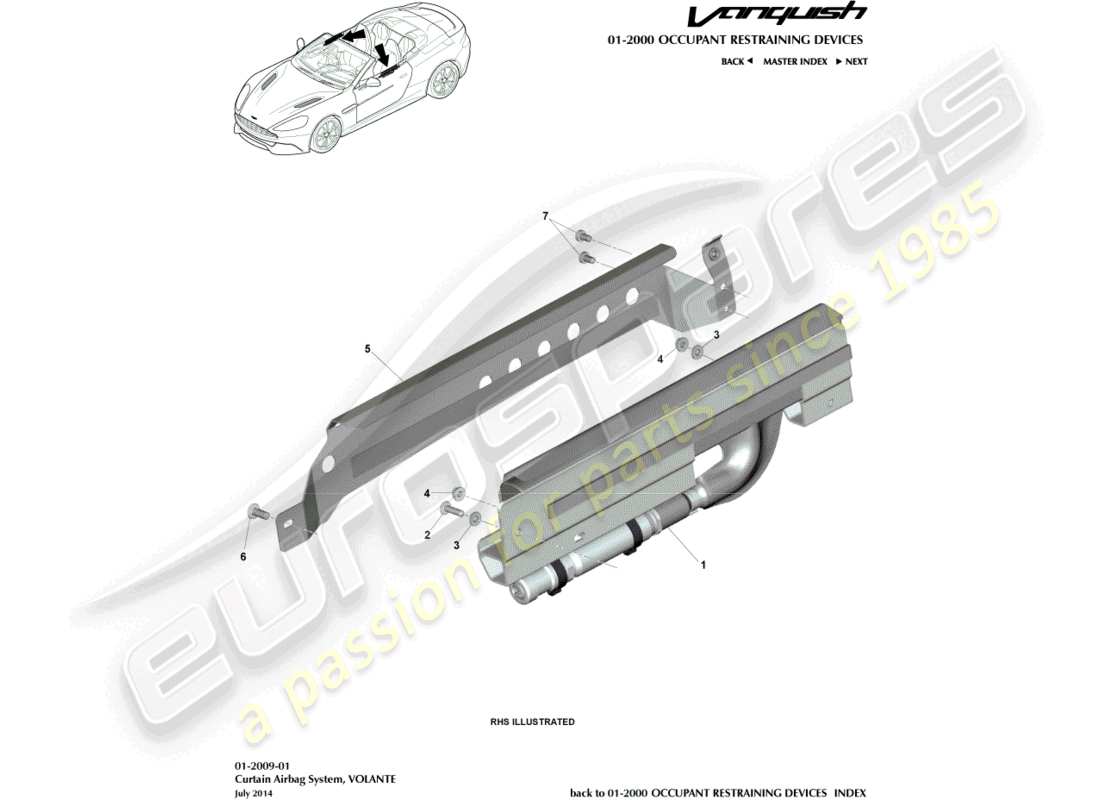 aston martin vanquish (2015) vorhang-airbag, volante-teilediagramm
