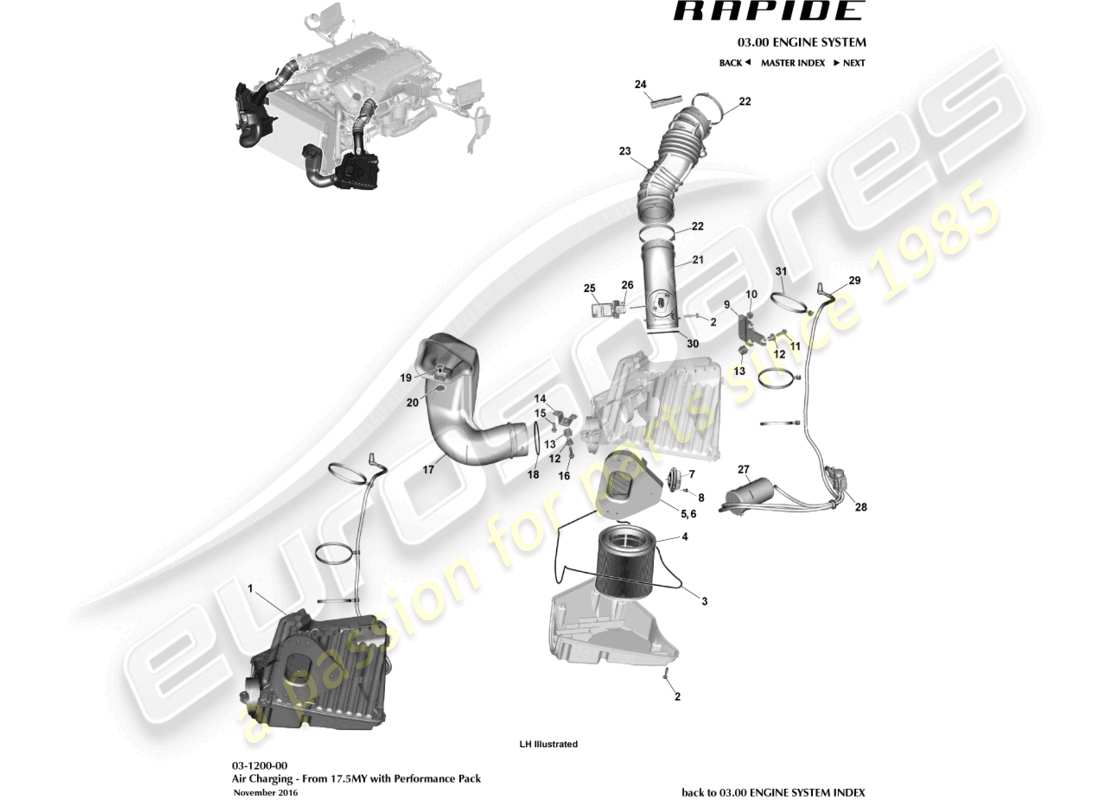 aston martin rapide (2016) luftaufladung, teilediagramm für performance pack
