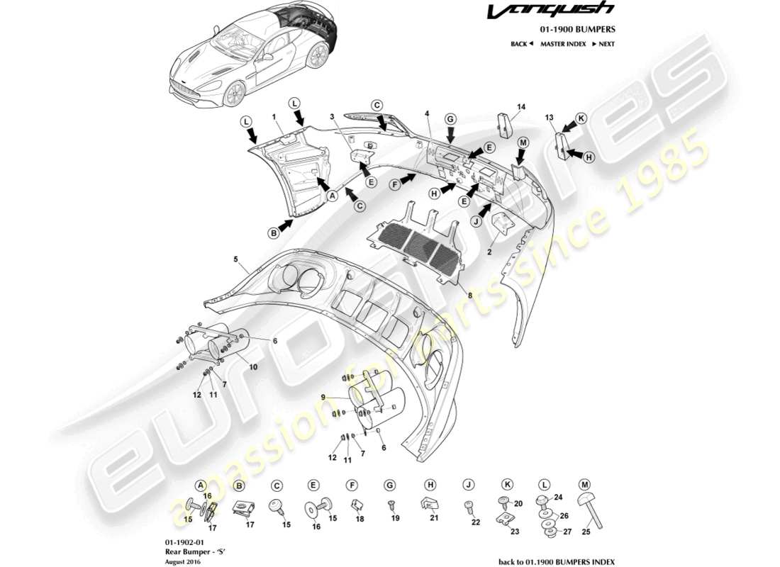 aston martin vanquish (2018) hintere stoßstange, s teilediagramm