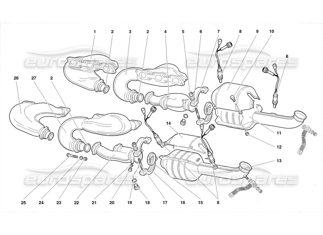 lamborghini diablo roadster (1998) abgassystem (gültig für usa und kanada 1998) teilediagramm