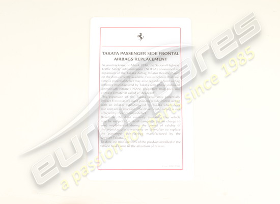 neu ferrari airbag-informationsblatt teilenummer 89112300