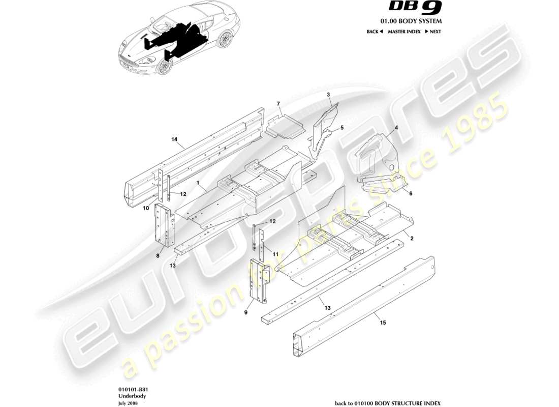 aston martin db9 (2007) unterboden-teilediagramm